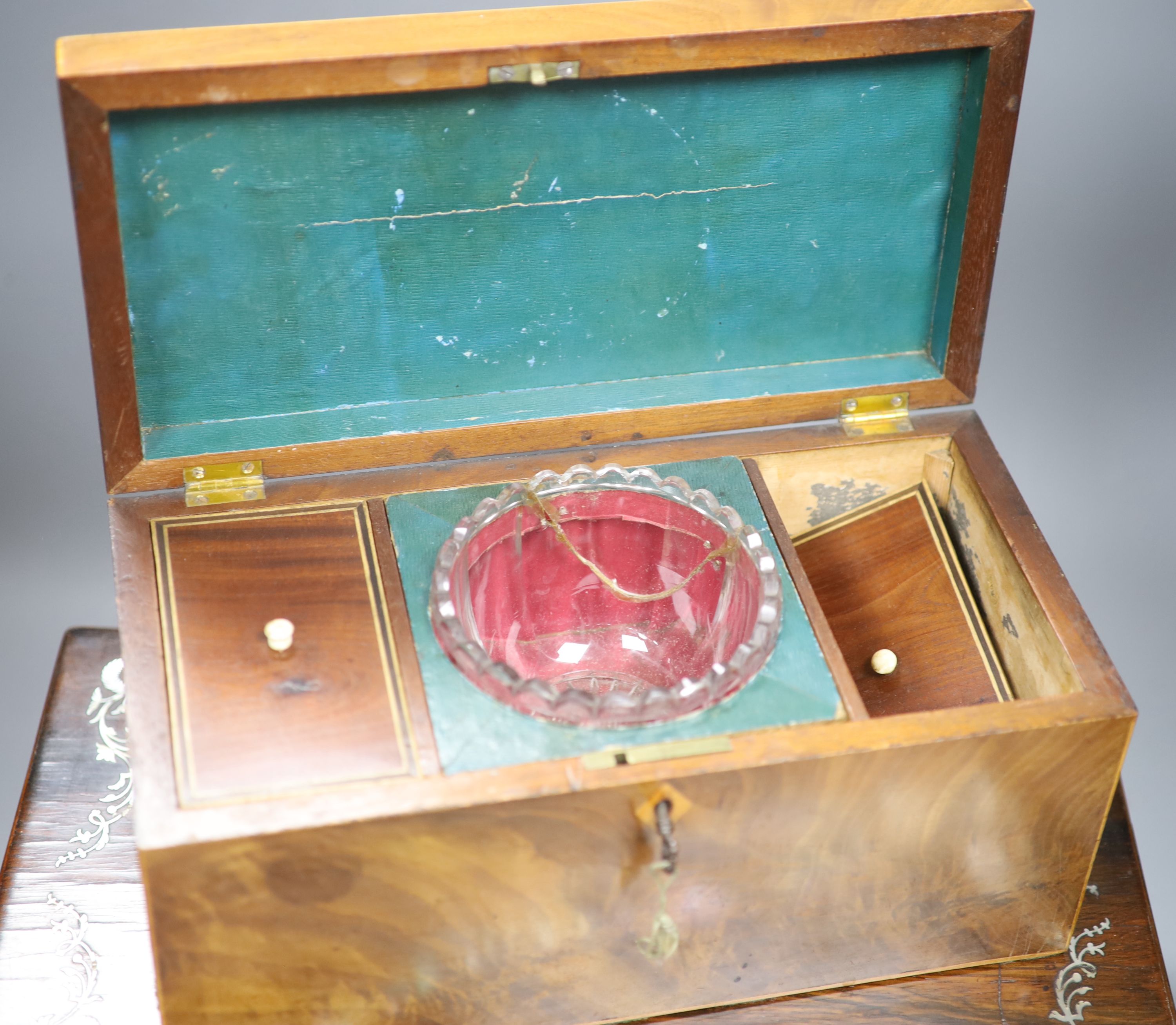 A George III mahogany tea caddy, width 30cm, together with a Victorian mother of pearl inlaid rosewood writing slope, width 40cm